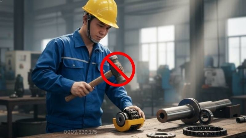 Không dùng búa để đóng vào khớp nối xích dễ làm hỏng vòng bi, biến dạng ren trục và gây khó khăn khi tháo lắp.