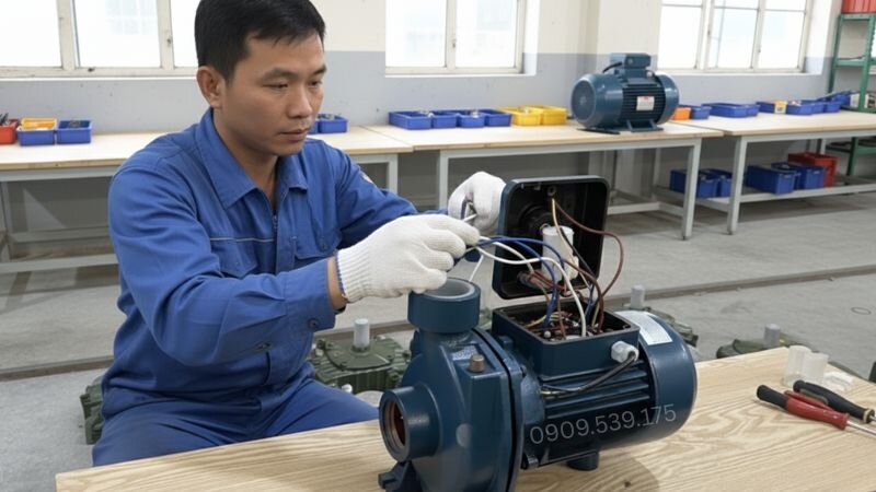 Kiểm tra lại mối nối trước khi cấp điện cho máy bơm chạy thử.