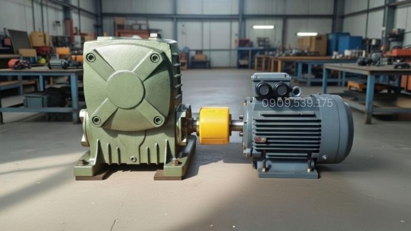 Kỹ thuật viên lắp hoàn chỉnh khớp nối xích vào trục động cơ điện với hộp số giảm tốc.