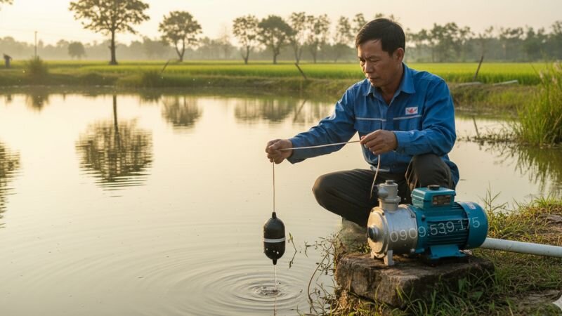 Lắp đặt phao máy bơm nước.