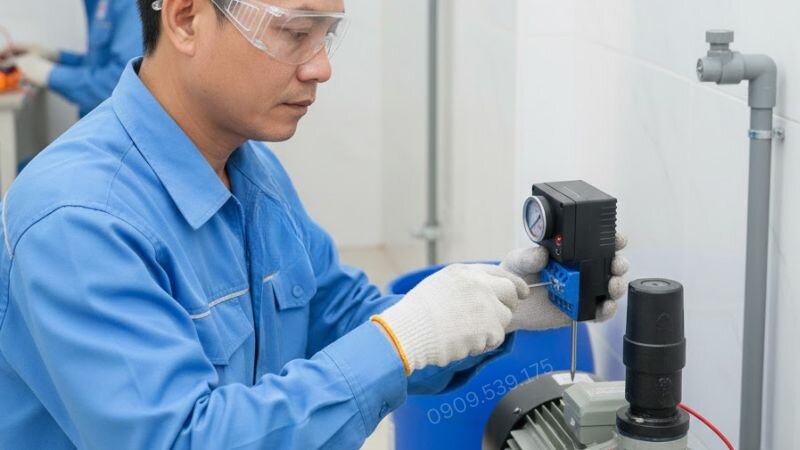 Lắp đặt rơle áp suất cho máy bơm nước.