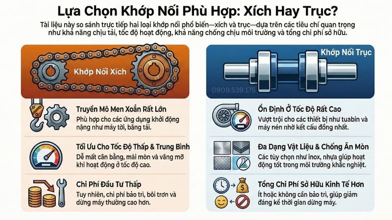 Lựa chọn khớp nối xích hay khớp nối trục để phù hợp cho hệ thống.