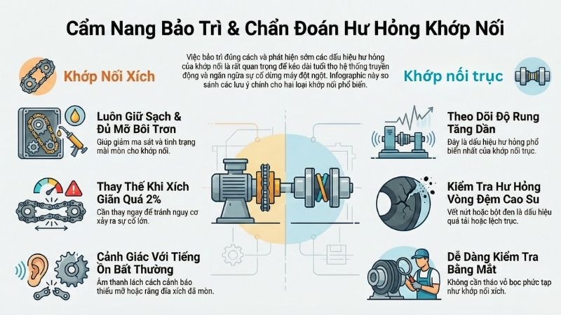 Lưu ý bảo trì và các dấu hiệu hư hỏng của khớp nối.