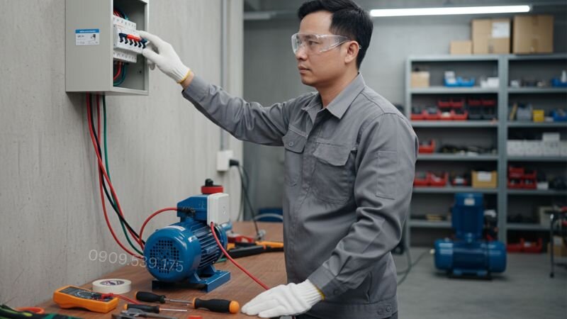 Ngắt nguồn điện trước khi đấu dây cho máy bơm nước 1 pha.