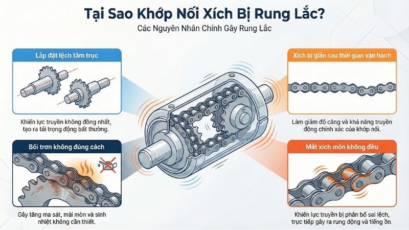 Nguyên nhân chính gây ra khớp nối xích bị rung lắc.