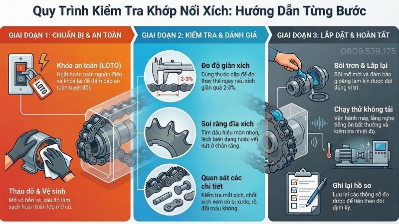 Quy trình kiểm tra khớp nối xích đúng kỹ thuật.