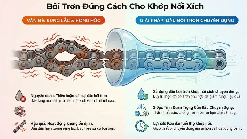 Sử dụng đúng dầu bôi trơn khớp nối xích.
