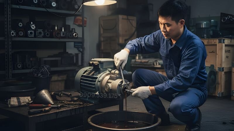 Thay dầu cho máy bơm dầu thủy lực.