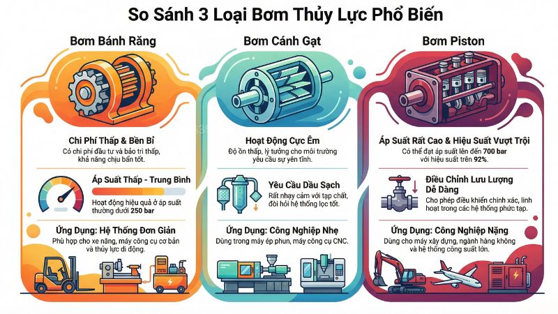Tổng quan về các đặc điểm chính của ba loại bơm thủy lực phổ biến, hỗ trợ trực tiếp quá trình so sánh bơm thủy lực.