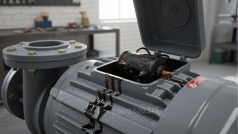 Tụ điện khởi động của máy bơm bị hỏng do hoạt động quá tải.