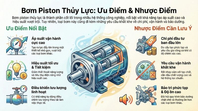 Ưu nhược điểm của bơm piston thủy lực trong hệ thống.