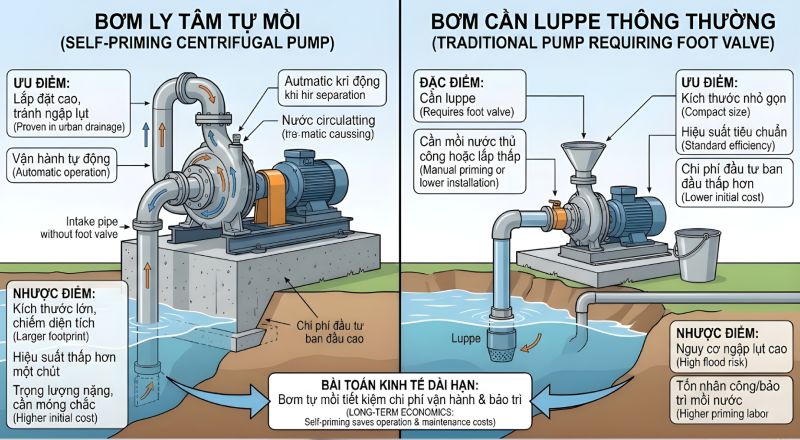 Bơm ly tâm tự mồi phù hợp lắp đặt cao, vận hành tự động và ổn định
