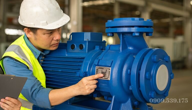 Kỹ sư kiểm tra thông số lưu lượng và cột áp trên máy bơm nước đẩy cao.