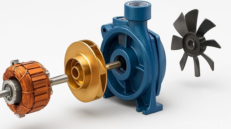 Cấu tạo chi tiết máy bơm nước đẩy cao gồm motor dây đồng và cánh bơm bằng đồng thau.
