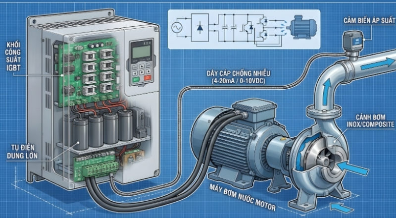 Hệ thống máy bơm motor biến tần gồm bơm, bộ điều khiển và mạch công suất