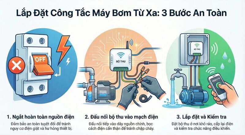 Lắp đặt công tắc điều khiển từ xa yêu cầu an toàn điện, kết nối chắc chắn và vị trí lắp thích hợp