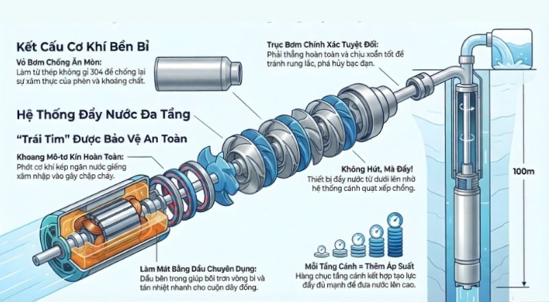 Hệ thống máy bơm nước hút sâu 100m không vận hành theo nguyên lý hút chân không thông thường như các dòng đặt cạn