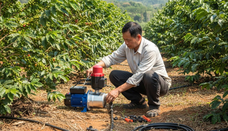 Máy bơm nước đảm bảo tưới tiêu hiệu quả, giúp cây cà phê phát triển ổn định và tăng năng suất
