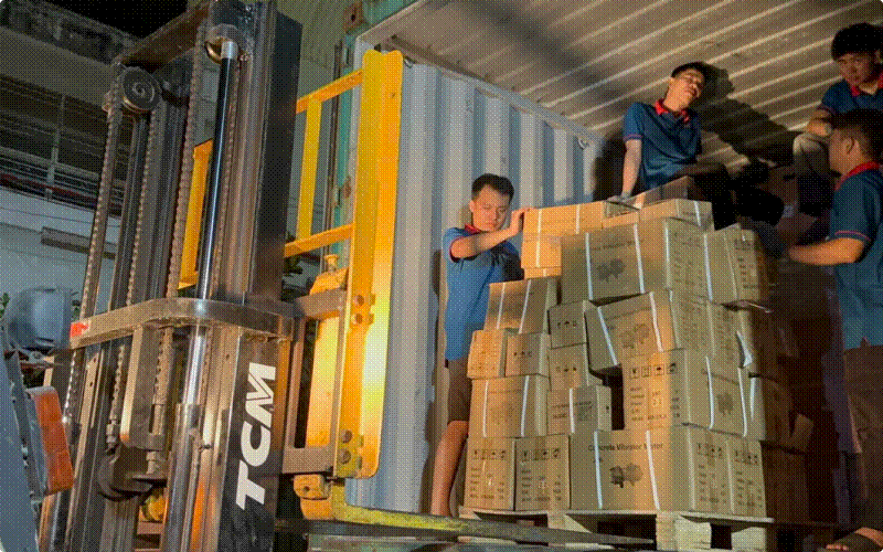 Các bạn nhân viên đang chuyển hàng lên xe nâng