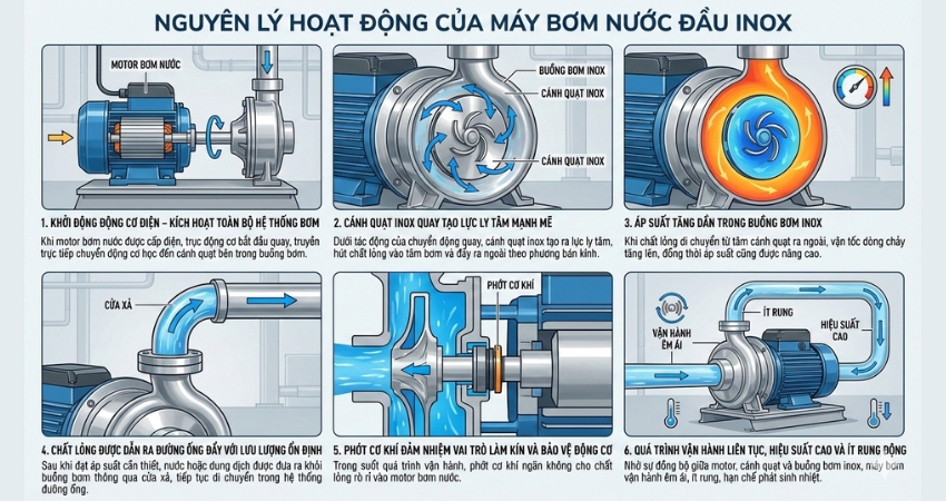 Nguyên lý hoạt động của máy bơm nước inox là nền tảng quyết định hiệu suất, độ ổn định và tuổi thọ của toàn bộ hệ thống bơm