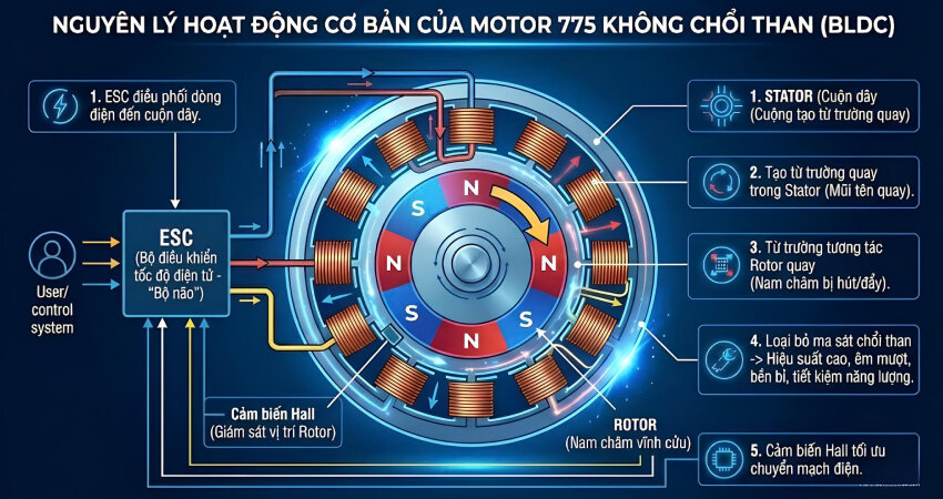 Motor 775 không chổi than hoạt động dựa trên nguyên lý điều khiển điện tử phức tạp với bộ điều khiển tốc độ điện tử (ESC) sẽ nhận tín hiệu từ người dùng