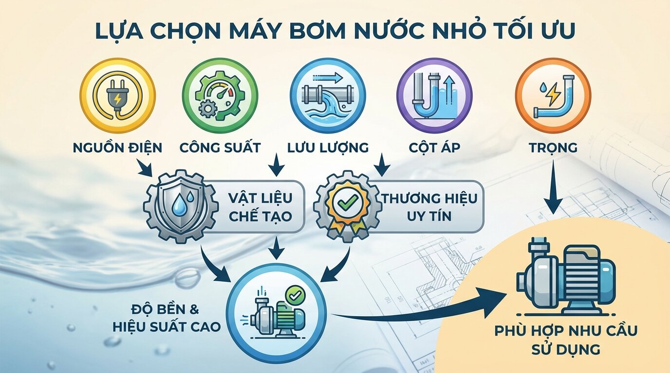 Những lưu ý quan trọng để lựa chọn máy bơm nước loại nhỏ nhất phù hợp, đảm bảo hiệu suất và độ bền.
