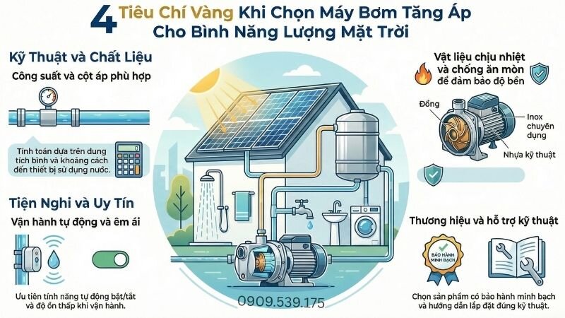 4 tiêu chí vàng khi chọn máy bơm tăng cho bình năng lượng mặt trời.