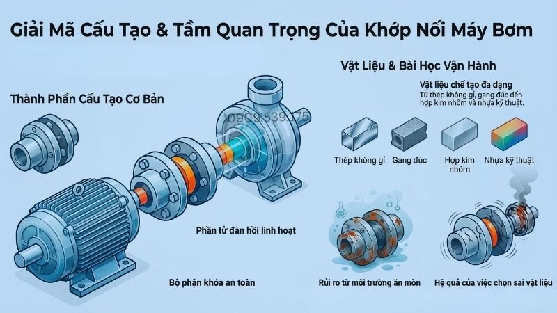 Cấu tạo cơ bản khớp nối máy bơm và vật liệu ảnh hưởng đến môi trường.