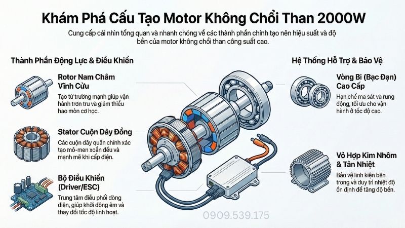 Cấu tạo motor không chổi than 2000w.