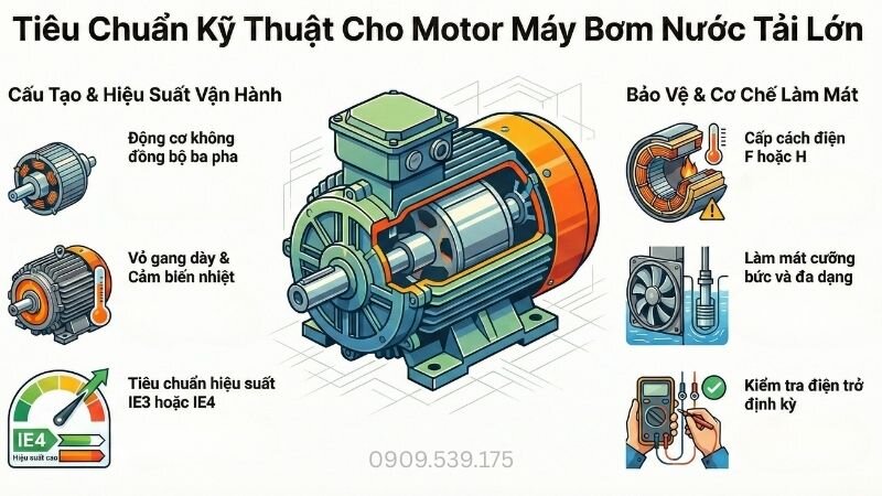 Cấu tạo và tiêu chuẩn của motor máy bơm nước tải lớn.