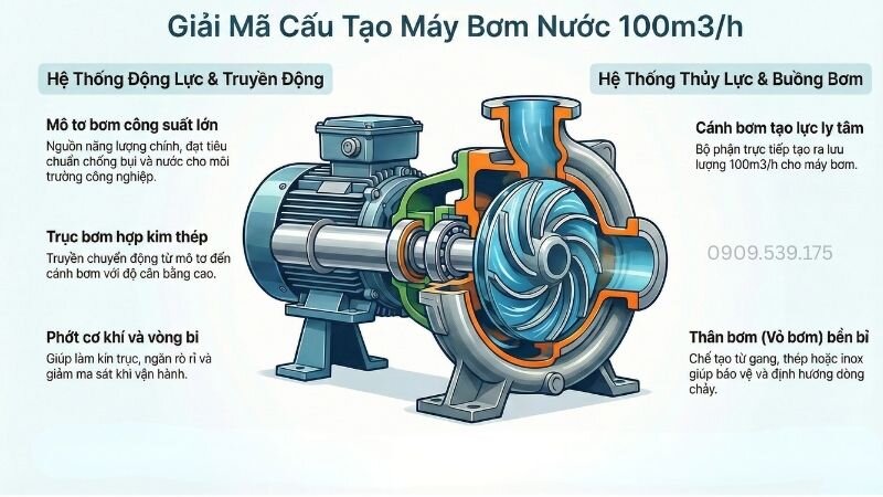 Giải mã cấu tạo máy bơm nước công suất 100m3 trên h.