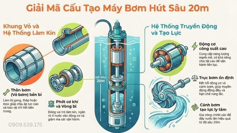 Giải mã cấu tạo máy bơm nước hút sâu 20m. 