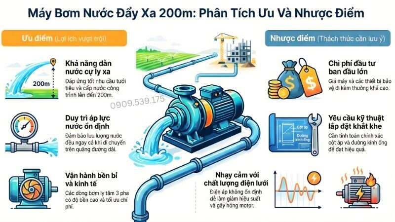 Máy bơm nước đẩy xa 200m, phân tích ưu và nhược điểm.