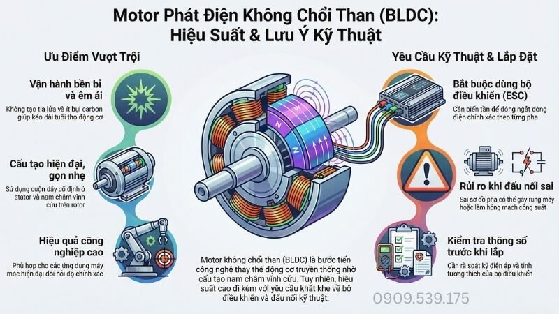Motor phát điện không chổi than (BLDC) Hiệu suất và lưu ý kỹ thuật.