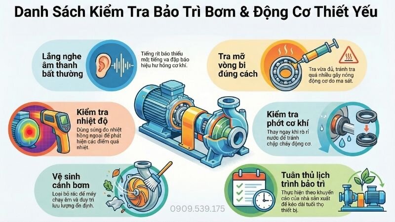 Quy trình bảo trì định kỳ cho mô tơ bơm nước công suất 1000m3/h.