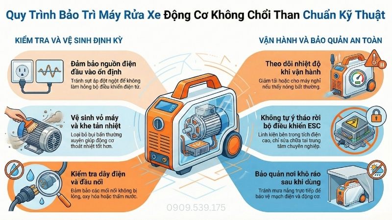 Quy trình bảo trì máy rửa xe động cơ không chổi than chuẩn kỹ thuật.