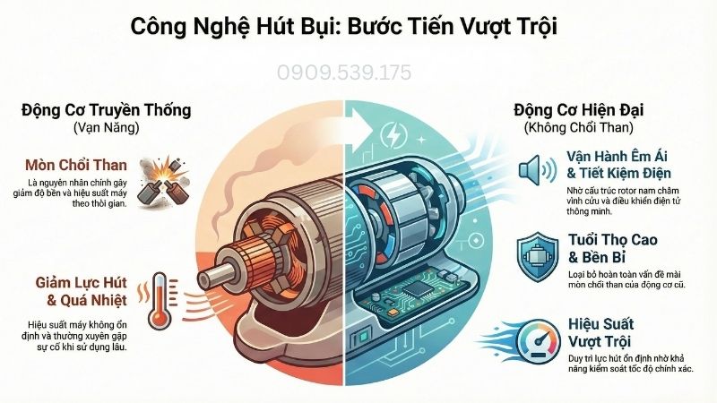 Sự tiến hóa của công nghệ máy hút bụi động cơ không chổi than.