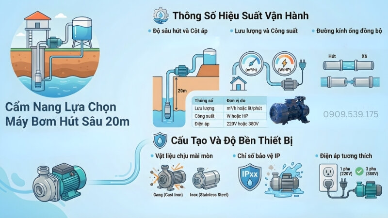 Thông số kỹ thuật chủ chốt khi lựa chọn máy bơm hút sâu 20m.
