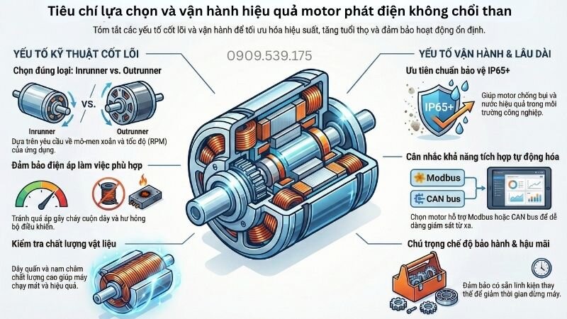 Tiêu chí lựa chọn và vận hành hiệu quả motor phát điện không chổi than.