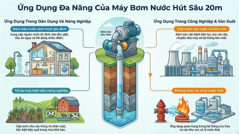 Ứng dụng thực tiễn của máy bơm nước hút sâu 20m trong đời sống.