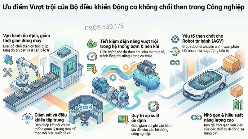 Ưu điểm vượt trội của bộ điều khiển động cơ không chổi than trong công nghiệp.