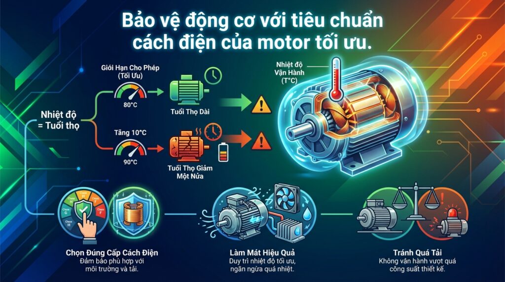 Bảo vệ động cơ với tiêu chuẩn cách điện của motor tối ưu.