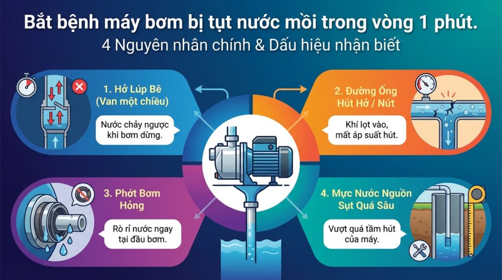 Bắt bệnh máy bơm bị tụt nước mồi trong vòng 1 phút.