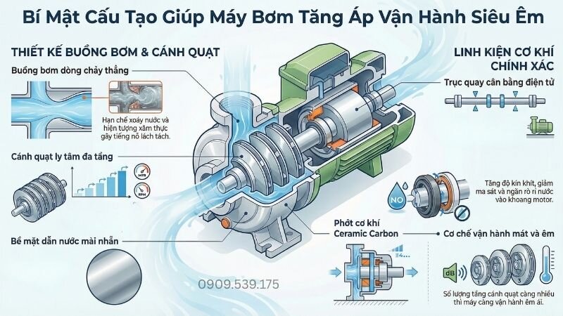 Bí mật cấu tạo giúp máy bơm tăng áp vận hành siêu êm.
