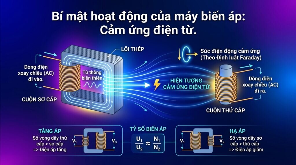 Bí mật hoạt động của máy biến áp: Cảm ứng điện từ.