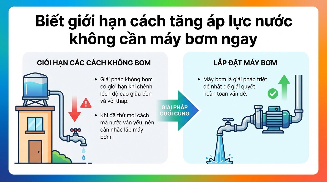 Biết giới hạn cách tăng áp lực nước không cần máy bơm ngay.