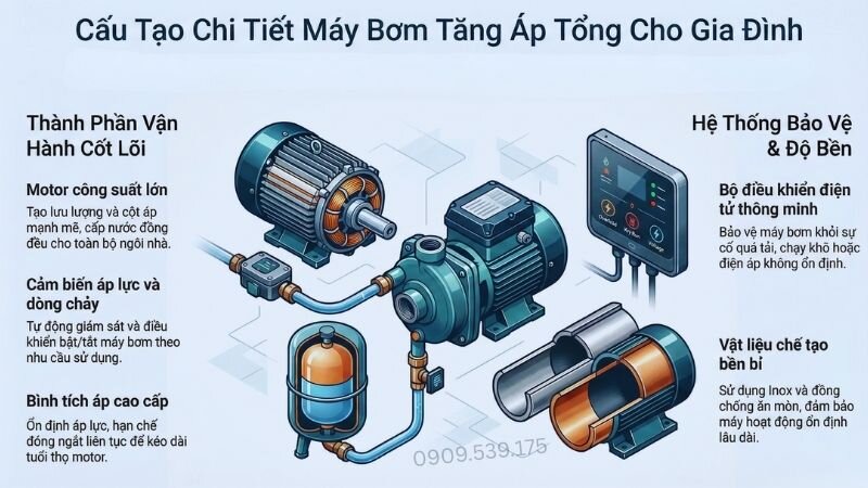 Cấu tạo chi tiết máy bơm tăng áp tổng cho gia đình.