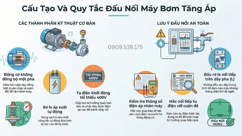 Cấu tạo và quy tắc đấu nối máy bơm tăng áp.