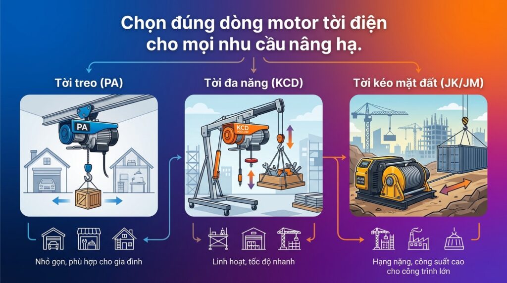 Chọn đúng dòng motor tời điện cho mọi nhu cầu nâng hạ.