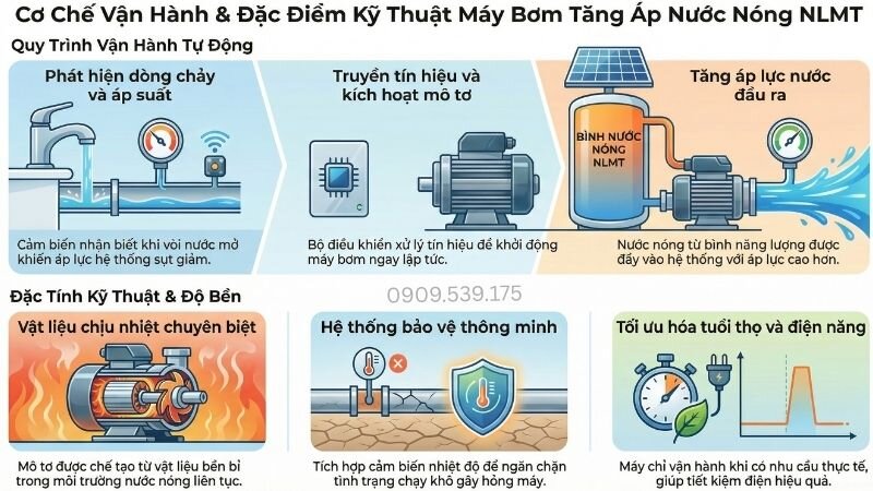 Cơ chế vận hành và đặc điểm kỹ thuật máy bơm tăng áp nước nóng năng lượng mặt trời.